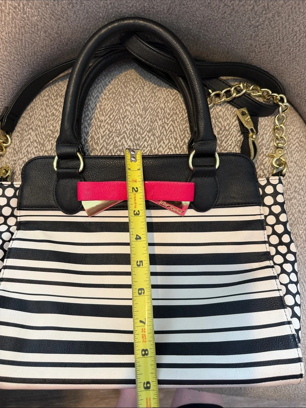 RARE Betsey Johnson Black & White Striped Purse with Pink Bow